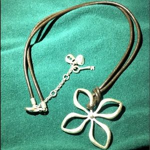Fossil Leather Cord Necklace w Flower Pendant
